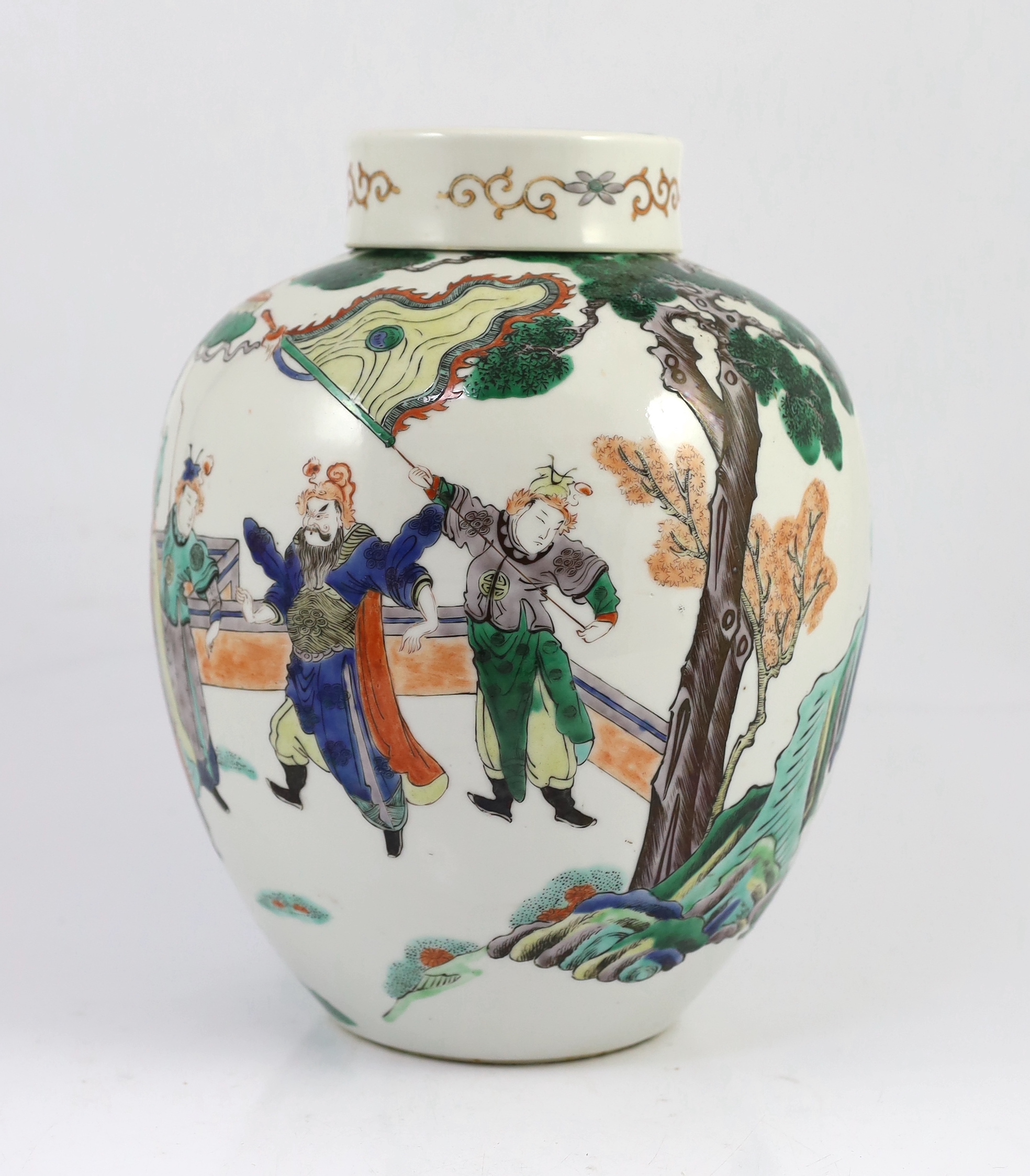 A large Chinese famille verte ovoid jar and cover, 19th century